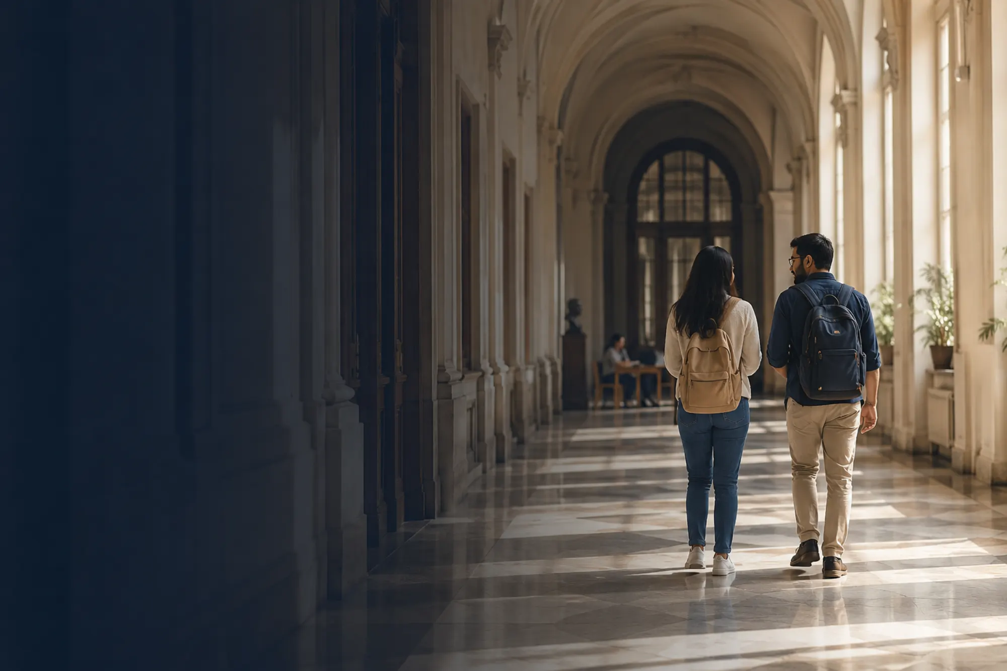 Students crossing a sunny university campus in Budapest