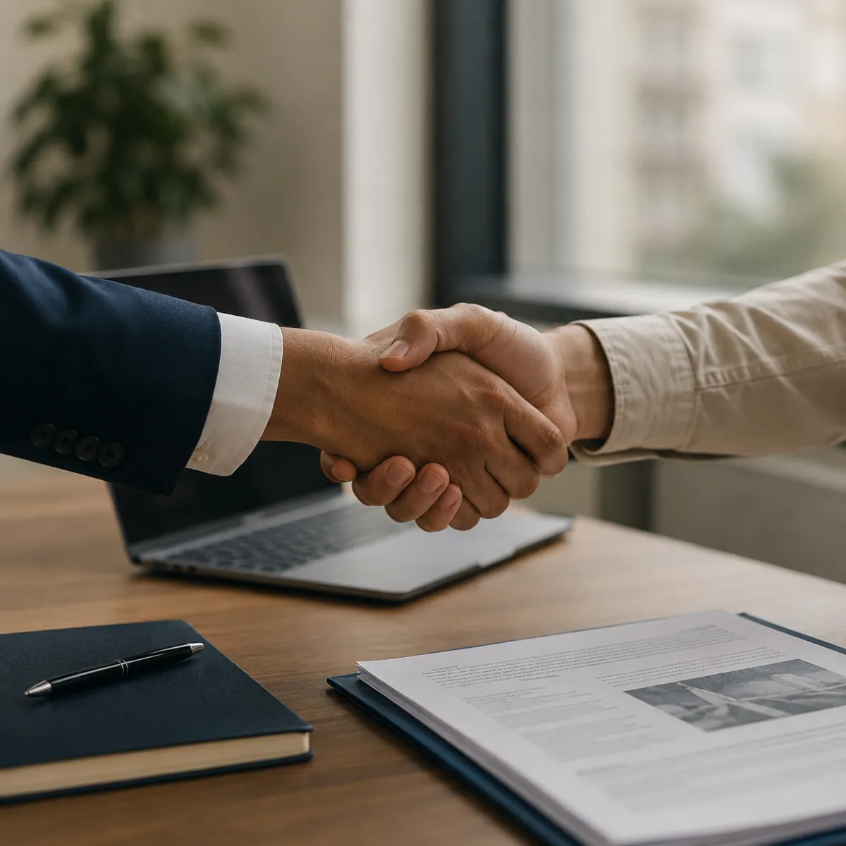 Two people talking through options across a table